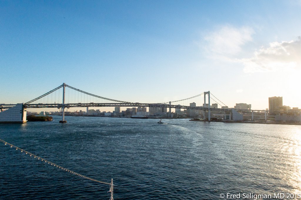20150311_170609 D4S.jpg - Rainbow bridge is a suspension bridge crossing Tokyo Bay and was built 1987-1993.The towers supporting the bridge are white in color, designed to harmonize with the skyline. Lamps illuminate the bridge into three different colors, red, white and green every night using solar energy obtained during the day.